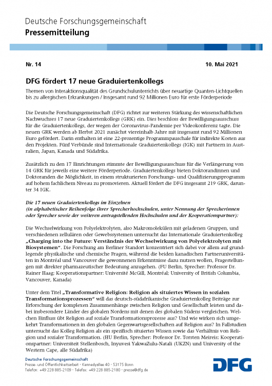 DFG fördert 17 neue Graduiertenkollegs. DFG-Pressemitteilung Nr. 14_Page_1